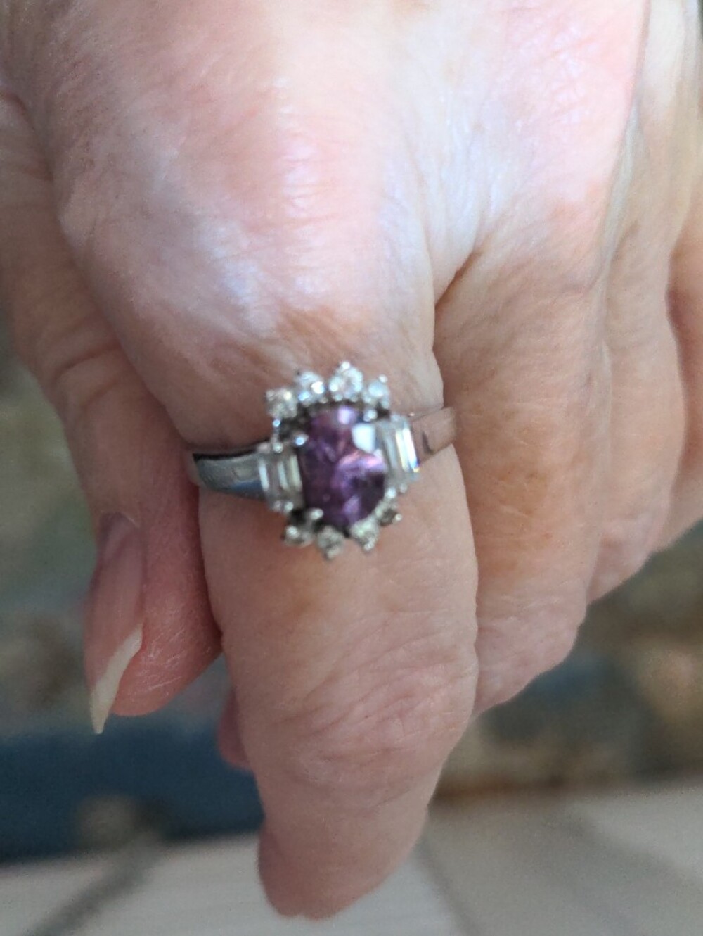 New Sterling Silver Purple Amethyst Gemstone Halo Ring, Sz 8 1/4, Eye-catching